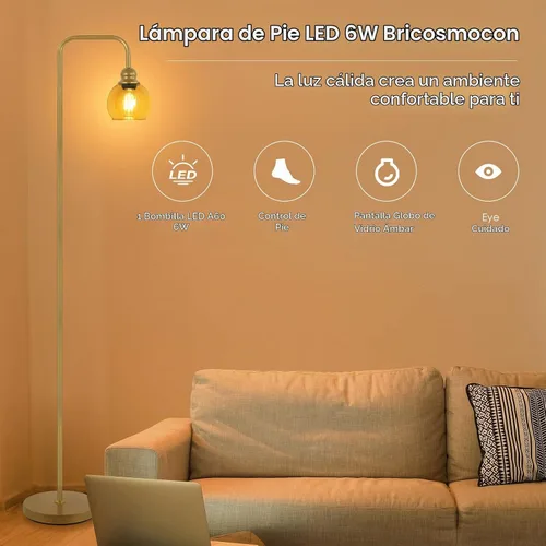 Vista 2 de Lámpara de pie moderna para sala de estar con bombilla LED de 6 W, lámpara de pie industrial, vidrio ámbar, lámpara alta de lectura clásica