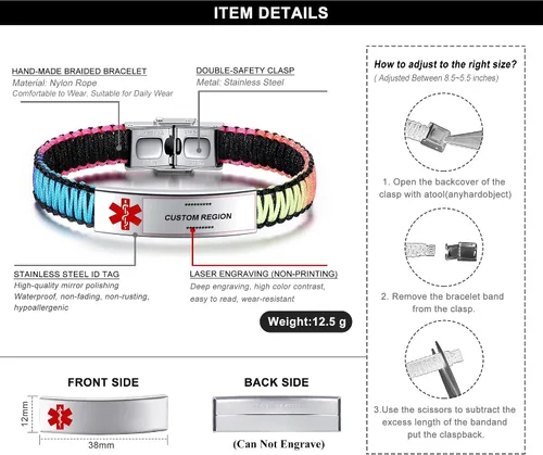 Vista 5 de JF.JEWELRY Pulsera de alerta médica para mujeres T1D T2D Pulsera de identificación de alerta médica para diabetes y epilepsia para niñas y niños