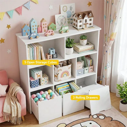 Vista 4 de Teckid Organizador de almacenamiento de juguetes con 3 cajones móviles y 5 cubos abiertos, estantería para niños y armario de almacenamiento