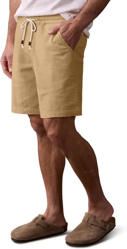 Vista 11 de Comdecevis Pantalones cortos de lino y algodón elástico para hombre, de 7 pulgadas, casuales, ligeros, para verano, playa, con cintura elástica