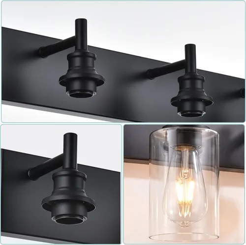 Vista 4 de Lámpara de tocador de baño negra de 6 luces con pantallas de vidrio Negro - Pantalla de vidrio transparente