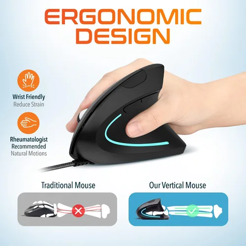 Vista 2 de Delton Ratón ergonómico con cable vertical S12, 6 botones, 3 niveles de DPI ajustables (800/1200/1600) y rueda de desplazamiento 3D, compatible