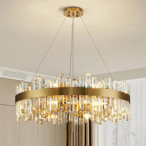 Vista 16 de Siljoy - Candelabro de cristal moderno, 12 luces, lujoso, redondo, de 2 niveles, con cristal K9 en forma de gota de lluvia, lámpara colgante de Oro