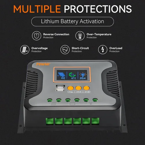 Vista 4 de Regulador de carga solar PowMr 80 A 12 V 24 V 36 V 48 V Auto, regulador solar de 80 amperios con parámetro ajustable, pantalla LCD y doble USB, apto
