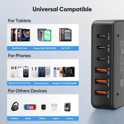 Vista 5 de GaN - Estación de carga de 130 W para múltiples dispositivos, bloque de carga rápida USB C de 6 puertos para iPhone 17 16 15 14 Pro Max, iPad, Negro