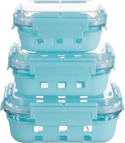 Vista 2 de Genicook Tapas HI-TOP con palancas de bloqueo extraíbles de grado profesional y recipiente rectangular de funda de silicona, juego de 3, azul