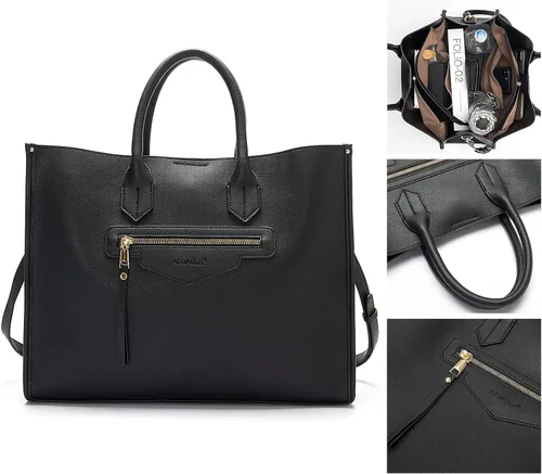 Vista 4 de Bolso de mano para mujer, impermeable, de piel sintética, maletín de negocios, gran capacidad, bolso de hombro, bolsa de trabajo de oficina, negro
