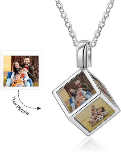 Vista 2 de Collar personalizado con foto para mujer, collar con colgante de imagen grabada de seis caras, regalo de joyería de memoria para madre y padre