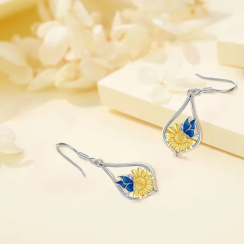 Vista 3 de Aretes colgantes de plata de ley con diseño de árbol de la vida, flor, abeja, animales, gato, colibrí, piedra lunar, turquesa, aretes con cierre