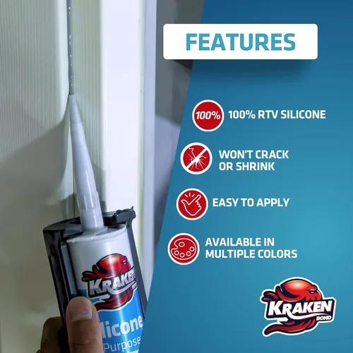 Vista 5 de Kraken Bond Sellador de silicona negro resistente al agua Cartucho de 100 a 10 onzas líquidas, RTV silicona para calafatear cocina y baño, todo uso