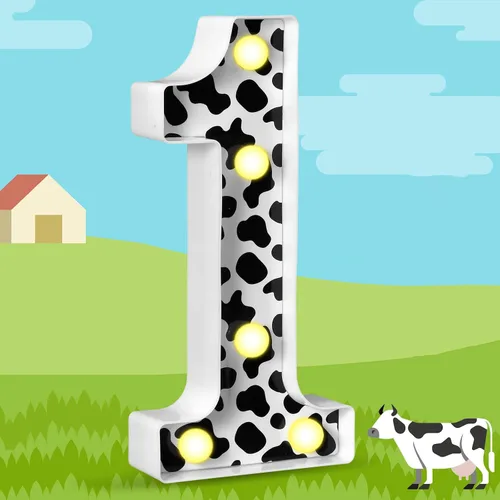 Vista 8 de VIHOSE Números con estampado de vaca clara, centros de mesa de cumpleaños, decoración de granja, letrero luminoso con números para fiesta temática