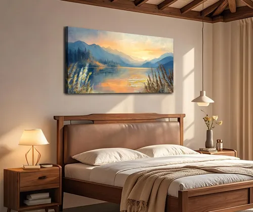Vista 6 de Arjun Pintura de Paisaje Puesta de Sol Montaña Lago Arte de Pared en Lienzo con Textura Enmarcado Grande 40"x20"- Impresiones de Cuadros Serenos