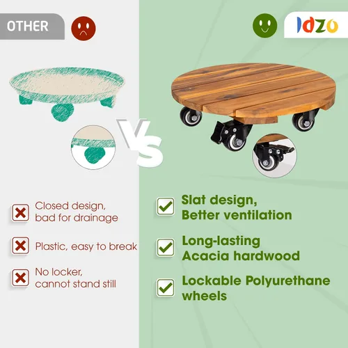 Vista 5 de Idzo Paquete de 2 cajas de madera de 12 pulgadas con ruedas resistentes, capacidad de 264 libras, plataforma de madera dura de acacia, soporte