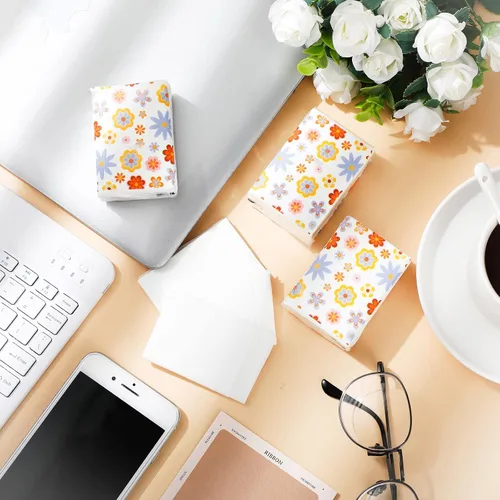 Vista 3 de Sinmoe Paquete de 50 pañuelos florales con bolsillo, paquetes de viaje a granel de 3 capas pequeñas florales de viaje faciales individuales de papel