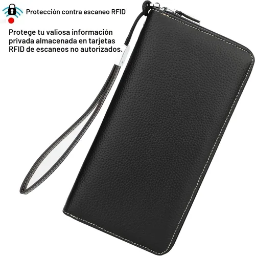 Vista 2 de Lavemi Pequeña cartera compacta para mujer, con bloqueo RFID, de piel auténtica, plegable, con ventanas de identificación, negro, (1- Black)