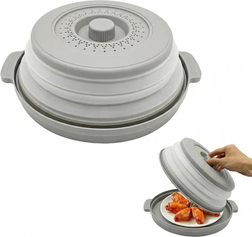 Vista 9 de Cubierta de alimentos para microondas con asa – Protector de salpicaduras de silicona plegable y ventilado con bandeja – Para microondas