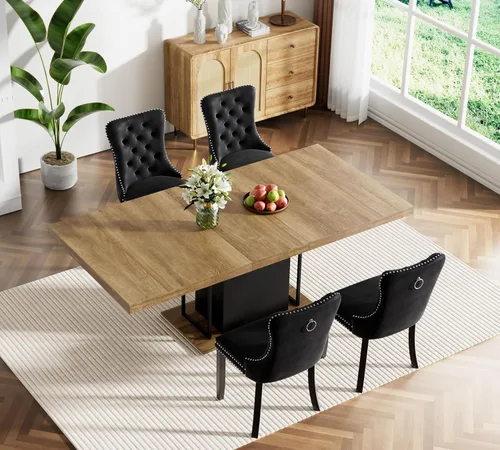 Vista 48 de Juego de mesa de comedor extensible marrón de 63 a 78.74 pulgadas para 4, juego de mesa de comedor de 5 piezas con 4 sillas, mesa de cocina