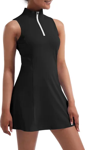 Vista 4 de Vestido de tenis para mujer, vestidos de golf y tenis con pantalones cortos integrados y bolsillos para entrenamiento sin mangas
