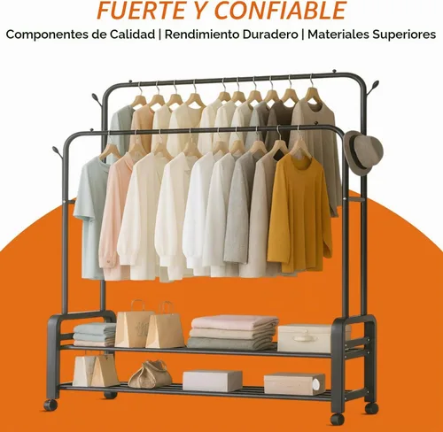 Vista 4 de Perchero resistente, perchero y perchero con ruedas, perchero independiente de doble barra para colgar ropa con estante de 2 niveles y organizador