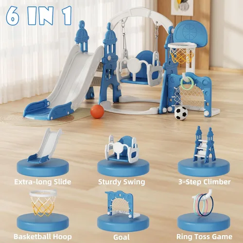 Vista 2 de XJD - Juego de tobogán y columpio 6 en 1 para niños pequeños, tobogán para niños de 1 año en adelante, juego de exterior para niños pequeños con aro
