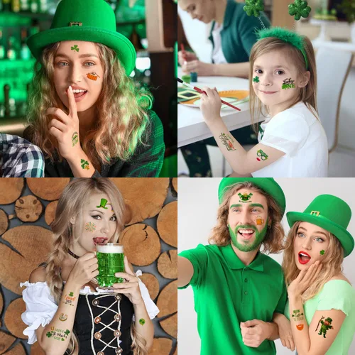 Vista 7 de 80 piezas de accesorios de decoración de tatuajes del día de San Patricio, 12 hojas de calcomanías temporales de tatuaje de trébol para niños