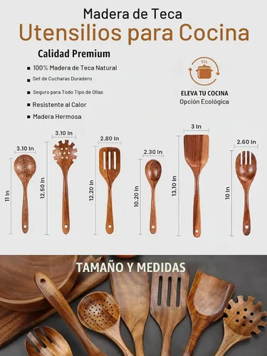 Vista 4 de Juego de utensilios de cocina de madera de teca para cocinar, cucharas
