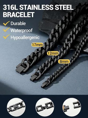 Vista 5 de PROSTEEL - Pulsera de cadena franco de acero inoxidable, pulseras gruesas de moda para hombres y mujeres, chapadas en oro negro de 18 quilates