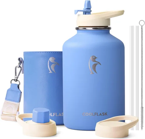 Vista 15 de Coolflask Botella de agua de 64 onzas aislada con funda de cuero PU, botella de agua de medio galón con contraste de color y tapa con popote, jarra