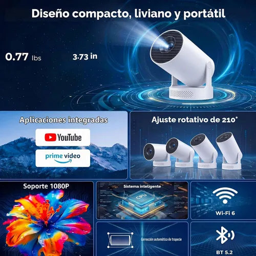 Vista 2 de Mini proyector con WiFi y Bluetooth, proyector portátil inteligente 4K