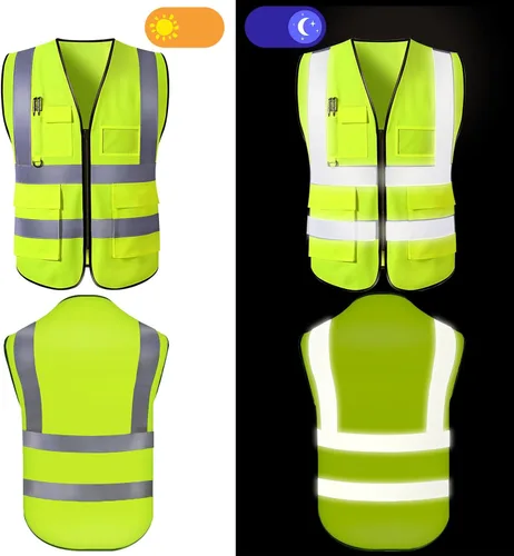 Vista 3 de Chaleco de seguridad personalizado para hombre con bolsillos con logo, chalecos reflectantes de alta visibilidad para construcción, ropa