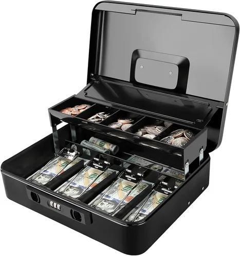 Vista 21 de Jssmst - Caja de efectivo de metal grande con bandeja de dinero,Caja de bloqueo