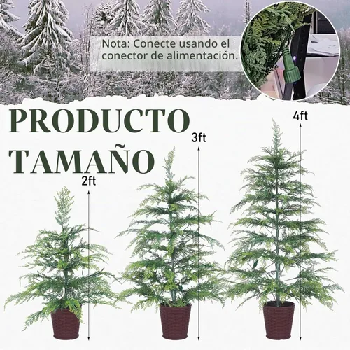 Vista 2 de Cinnyvoice Set of 3 Pre-lit Potted Christmas Tree with led, 2 ft, 3ft,4 ft Árbol de ciprés artificial preiluminado con base de cesta tejida