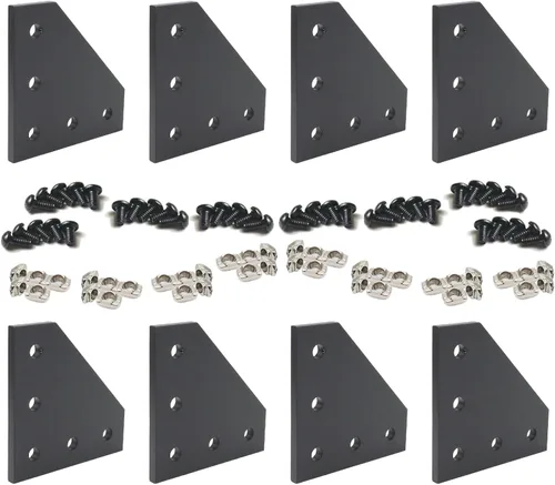 Vista 13 de 10 juegos de perfiles de extrusión de aluminio de la serie 2020, soportes en L de ángulo recto negro con tuercas y pernos de ranura en T M5
