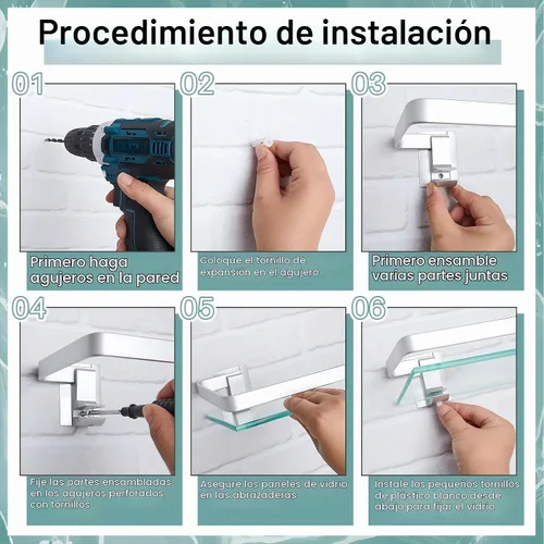 Vista 4 de Ripeng Estante de esquina de vidrio flotante de vidrio para baño, estantes de pared templados de aluminio, rectangular, a prueba de óxido