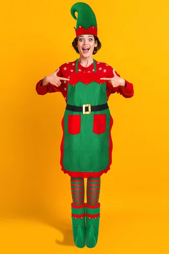 Vista 7 de Hiwooii - Disfraz de elfo de Navidad para adulto, disfraz de ayudante de Papá Noel, incluye sombrero de delantal de elfo con cascabel, zapatos