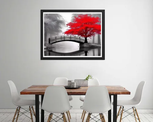Vista 3 de Diymood Kits de pintura de diamantes 5D para adultos, paisaje, kits de arte de diamantes para adultos, puente de árbol rojo, redondo de taladro