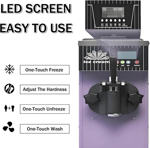 Vista 5 de Máquina de helado de servicio suave para uso comercial y doméstico, 8.8-11.0 lbs/H, panel táctil LCD, limpieza automática, sistema de Metálico