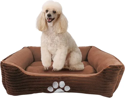 Vista 3 de Happycare Textiles - Cama para perro rectangular larga para mascotas con bordado de huella de perro, tamaño mediano, Coffee