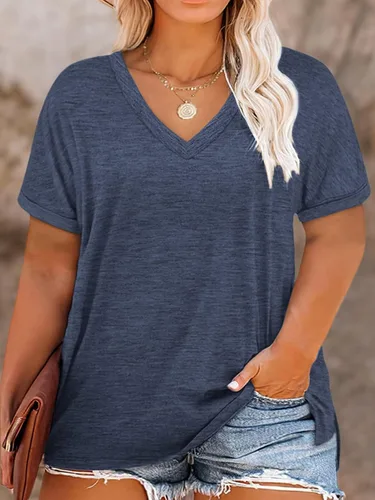Vista 7 de VISLILY Camisetas de verano con cuello en V y manga enrollada para mujer