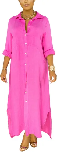 Vista 2 de Maxivestido con botones para mujer, estilo casual, holgado, manga larga, enrollable, vestido con abertura