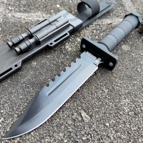 Vista 6 de Cuchillo táctico Bowie con funda de hoja fija cuchillos de caza de supervivencia con mango antideslizante y afilador y arrancador de fuego
