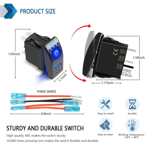 Vista 6 de FXC Interruptor basculante momentáneo (Encendido)/Apagado de 5 pines con luz LED azul láser 20 A/12 V 10 A/24 V con juego de cables de puente