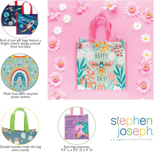 Vista 4 de Stephen Joseph, Bolsa de regalo reciclada mediana con asas, niños, reutilizable, bolsa de regalo de fiesta de cumpleaños, bolsa de compras, abeja