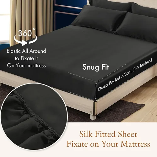 Vista 4 de LilySilk Juego de ropa de cama de seda de 4 piezas, 100% seda de morera 19 Momme, 1 sábana bajera de seda, 1 funda nórdica de seda y 2 fundas