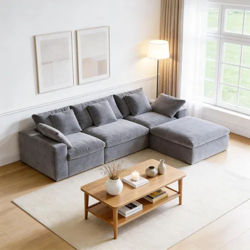 Vista 9 de Sofá modular de nube sin hueso en forma de L de 120 pulgadas, sofá modular con otomana Beige