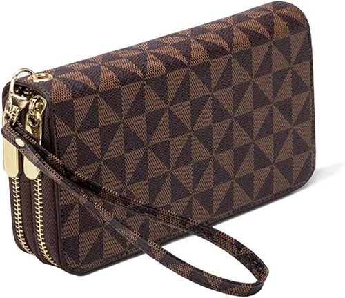 Vista 19 de Veki Billetera para mujer con doble cremallera y correa para la muñeca, monedero de cuero para tarjetas de crédito para mujeres y hombres, Negro A