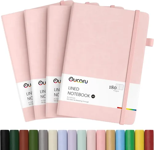Vista 12 de Oucaru Cuaderno rayado, paquete de 4, 180 páginas, diarios A5 para escribir, papel grueso de 100 GSM, cuadernos pequeños diarios para mujeres