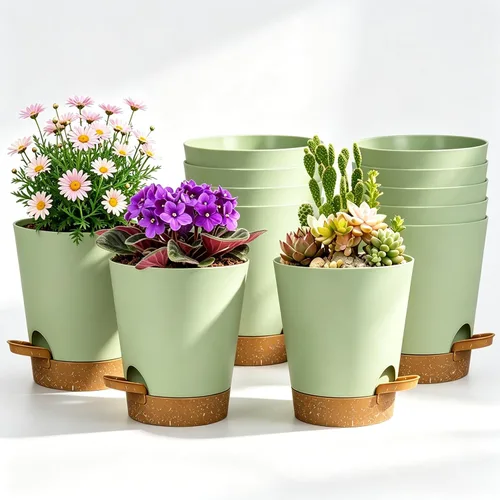 Vista 14 de Paquete de 12 macetas de riego automático de 4 pulgadas con drenaje y platillos, macetas de plástico para plantas de interior y exterior, macetas