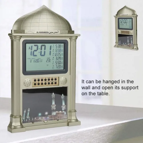 Vista 5 de Reloj despertador islámico de alta calidad, reloj despertador automático de plástico musulmán Azan oración calendario digital con pantalla de hora
