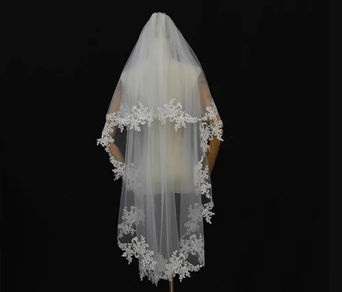 Vista 6 de Edith qi velo elegante para boda 2T, de 2 capas, con aplique de encaje, a la altura de los codos